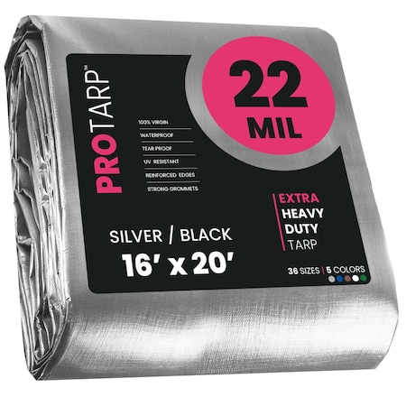 Protarp Heavy Duty Tarp, 16 ft x 20 ft, 22 Mil, Silver/Black, Polyethylene, Waterproof, Rip and Tear Proof PT-201-16X20